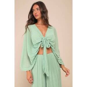 Lulus Pristine Presence Sage Plisse Tie-front Dolman Sleeve Crop Top Green